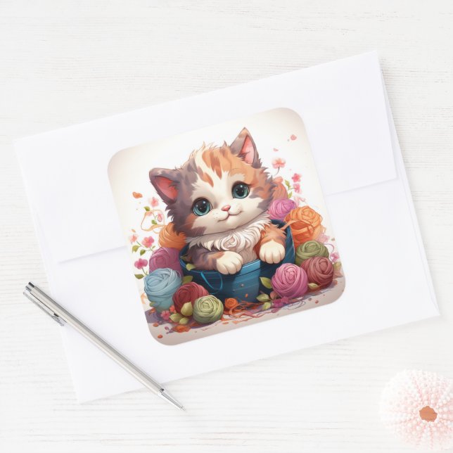 Adesivo Quadrado Vintagem de gato bonito (Envelope)