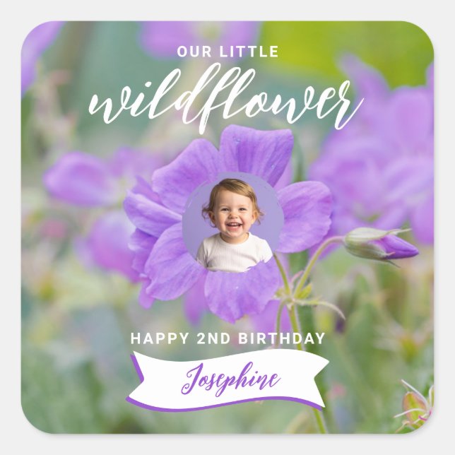 Adesivo Quadrado Violet Wildflower Custom Photo Happy Birthday (Frente)