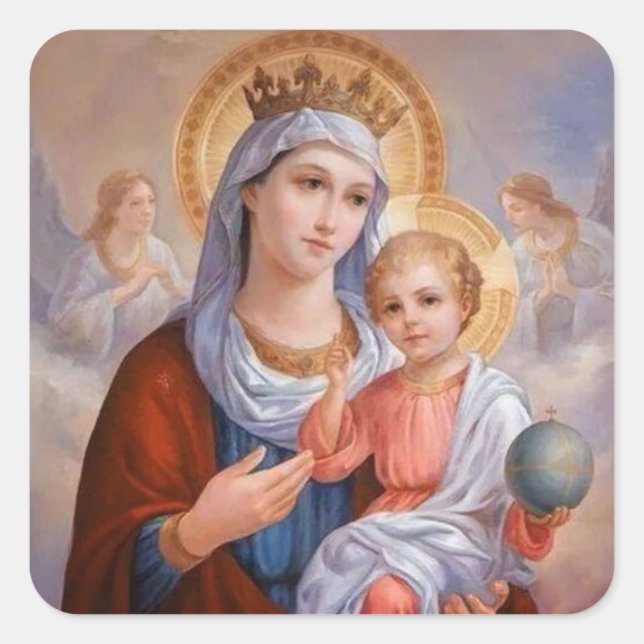 Adesivo Quadrado Virgem Abençoada Maria com Jesus Bebê (Frente)