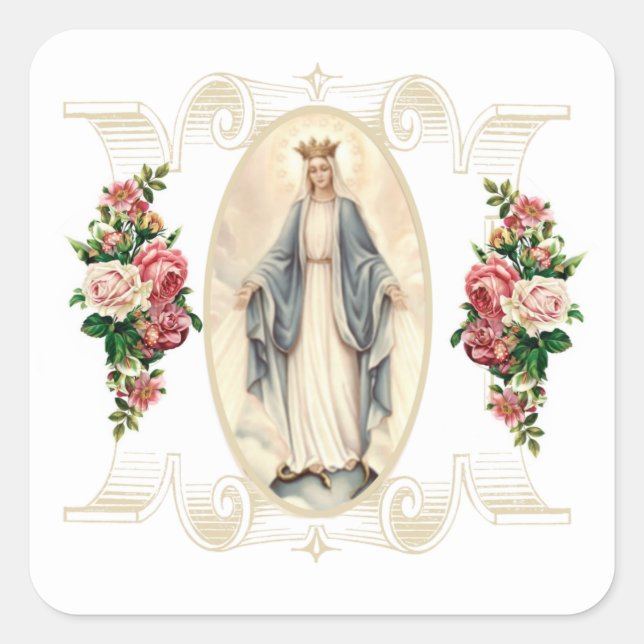 Adesivo Quadrado Virgem Abençoada Mary Religiosa Católica Floral (Frente)