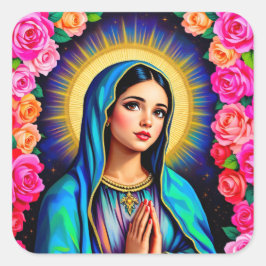 Adesivo Quadrado Virgem bonito Maria com Mãos de Oração e Rosas Gra