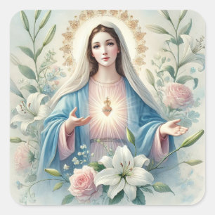 Adesivo Quadrado Virgem Maria Vintage Rosas Cruzados Católicos