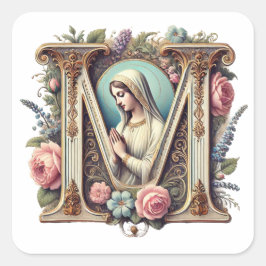 Adesivo Quadrado Virgem Religiosa Mary "M" Católica Vintage Floral