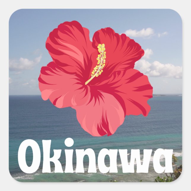Adesivo Quadrado Visão Cênica de Okinawa e Poster de Hibiscus (Frente)