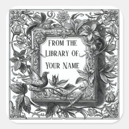 Adesivo Quadrado Vitoriano - Bookplate com Pássaro
