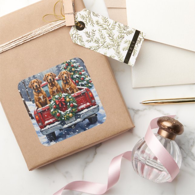 Adesivo Quadrado Vizsla Christmas Red Truck Holiday (Presentear)