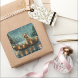 Adesivo Quadrado Voyage festiva do Cairn Terrier Christmas<br><div class="desc">Mergulhe na magia da temporada de férias com esta ilustração lindamente detalhada, mostrando um cachorro orgulhoso sentado em um barco festivamente decorado, deslizando através de um lago de Natal sereno. As luzes cintilantes dos pinheiros próximos refletem sobre a água, lançando um brilho quente e festivo que melhora o conforto ambiente....</div>