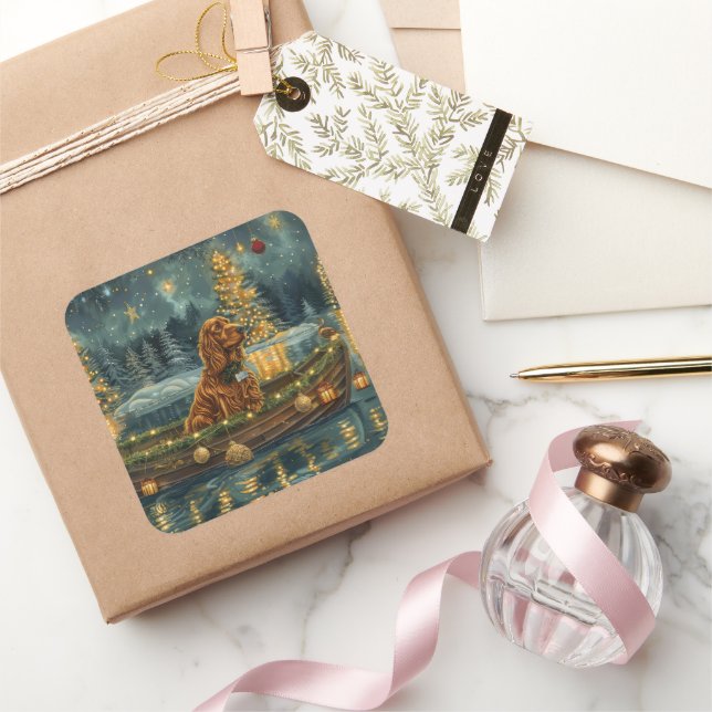 Adesivo Quadrado Voz Festiva de Natal do Setter Vermelho Irlandês (Presentear)