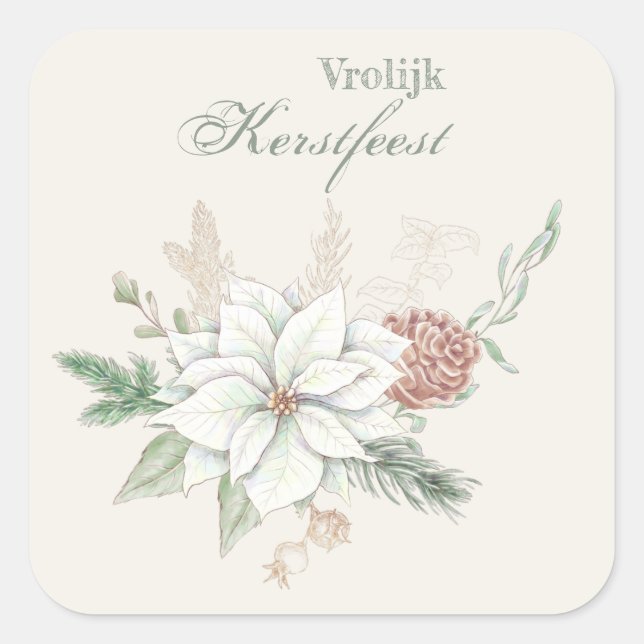 Adesivo Quadrado Vrolijk kerstfeest White Poinsettia e Pine Cone (Frente)