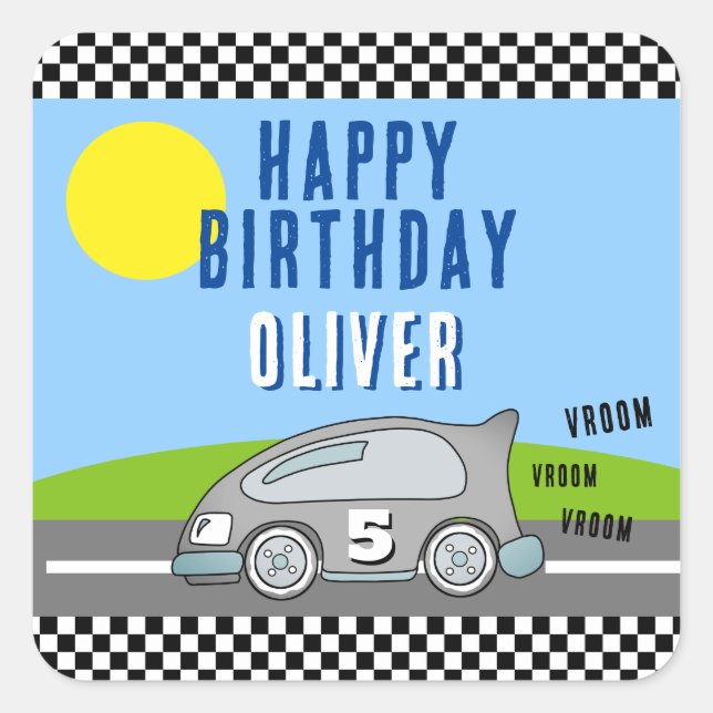 Adesivo Quadrado Vroom Vroom Racing Car Road Name Feliz Aniversário (Frente)