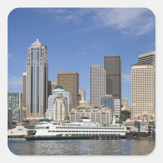 Adesivo Quadrado WA, Seattle, panorama de Seattle com balsa (Frente)