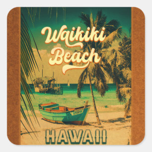 Adesivo Quadrado Waikiki Beach Hawaii Vintage Palm Trees Souvenir