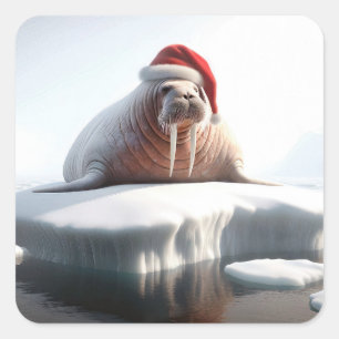 Adesivo Quadrado Walrus de Natal Vestindo um Chapéu Santa