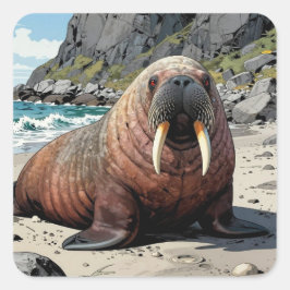 Adesivo Quadrado Walrus on a Sandy Beach | Cute Animals