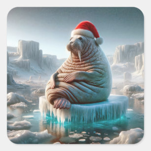 Adesivo Quadrado Walrus Vestindo um Papai Noel