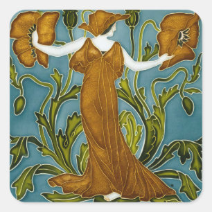Adesivo Quadrado Walter Crane Art Nouveau Donzela Papoula Laranja
