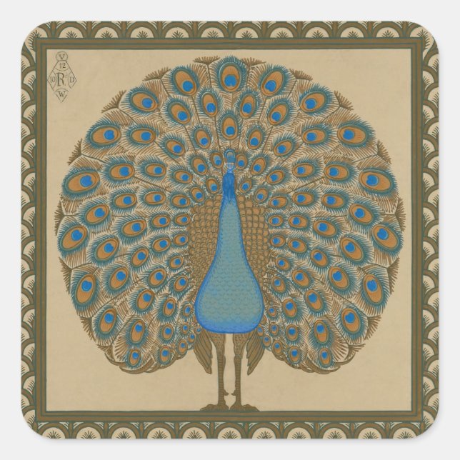 Adesivo Quadrado Walter Crane Blue Peacock com a cauda (Frente)