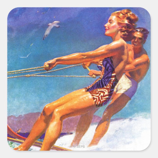 Adesivo Quadrado Water Skier por McClelland Barclay (Frente)
