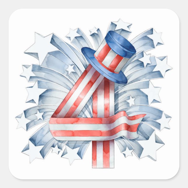Adesivo Quadrado Watercolor 4 de julho Stars Hat | Feriados (Frente)