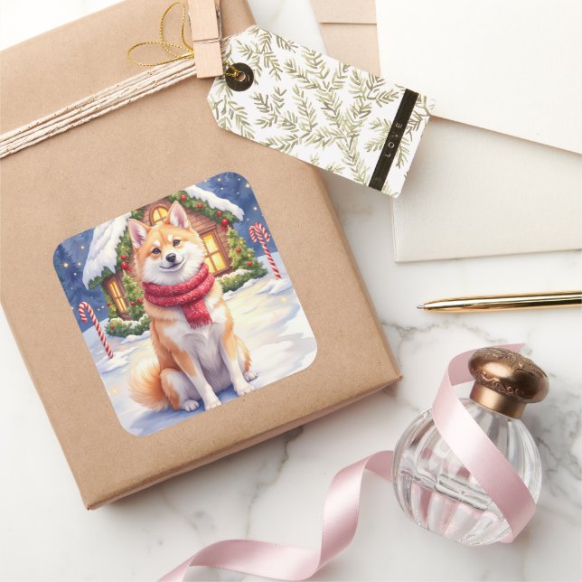Adesivo Quadrado Watercolor Akita Gingerbread House Christmas  (Presentear)