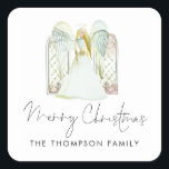 Adesivo Quadrado Watercolor Angel Merry Christmas Script<br><div class="desc">Watercolor Angel Merry Christmas Script. Uma bela cena do Anjo e das Janelas,  e Feliz Natal em um elegante roteiro de estilo de escrita manual,  personalize facilmente seu nome.</div>