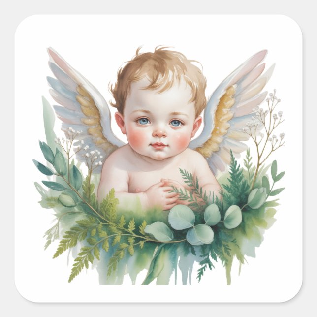 Adesivo Quadrado Watercolor Baby Angel with Greenery Baptism  (Frente)