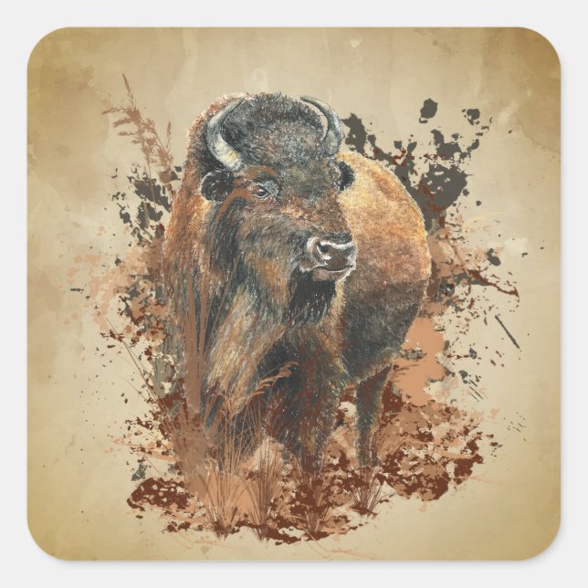 Adesivo Quadrado Watercolor Bison Buffalo Animal Willife Nature (Frente)