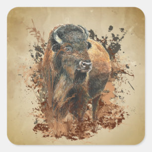 Adesivo Quadrado Watercolor Bison Buffalo Animal Willife Nature