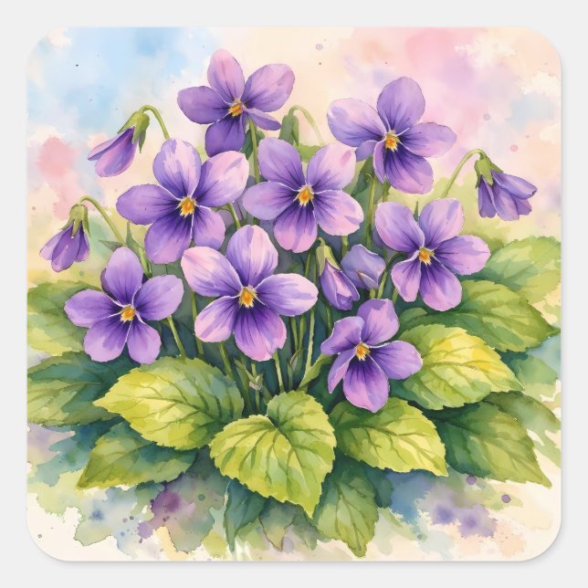 Adesivo Quadrado Watercolor Blooming Purple Violets  (Frente)