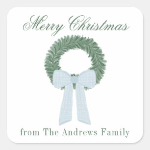 Adesivo Quadrado Watercolor Blue Gingham Sash Wreath