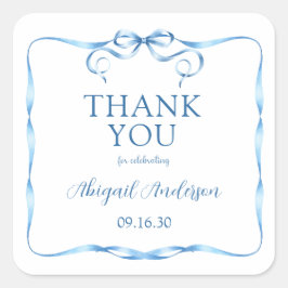 Adesivo Quadrado Watercolor Blue Ribbon Baby Sprinkle Obrigado