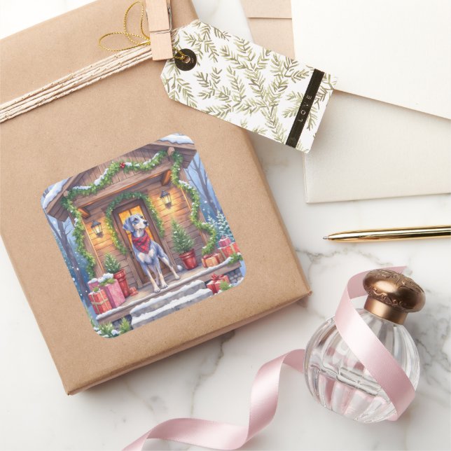 Adesivo Quadrado Watercolor Bluetick Coonhound Cabin Porch Christma (Presentear)