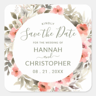 Adesivo Quadrado Watercolor Blush Rosa Wreath Save Sticker