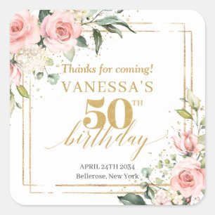 Adesivo Quadrado Watercolor Blush rosas eucalyptus 50 anos