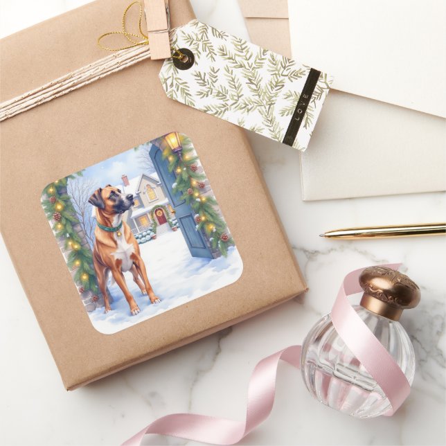 Adesivo Quadrado Watercolor Boerboel Farmhouse Gate Christmas (Presentear)