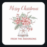 Adesivo Quadrado Watercolor Christmas Bell<br><div class="desc">Linda aquarela Sino de Natal e arranjo floral em tons pastéis</div>