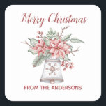 Adesivo Quadrado Watercolor Christmas Bell<br><div class="desc">Linda aquarela Sino de Natal e arranjo floral em tons pastéis</div>