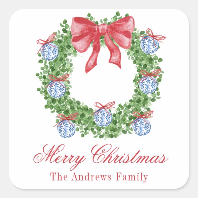 Adesivo Quadrado Watercolor Christmas Chinoiserie Ornaath Wreath (Frente)