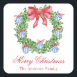 Adesivo Quadrado Watercolor Christmas Chinoiserie Ornaath Wreath<br><div class="desc">PreppyPrint.com - Celebre o Natal em estilo! Adicione seu toque personalizado. Transfira este design para os produtos de sua escolha também! Visite minha loja de designers,  PreppyPrint.com,  para coordenar itens.</div>