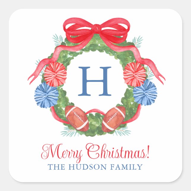 Adesivo Quadrado Watercolor Christmas Football Wreath (Frente)