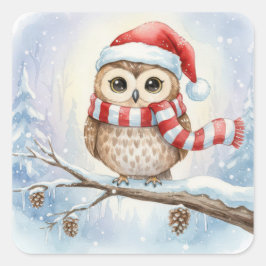 Adesivo Quadrado Watercolor Christmas Owl In a Santa Hat