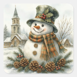 Adesivo Quadrado Watercolor Christmas Snowman Cozy Winter Holiday