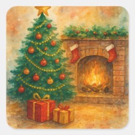 Adesivo Quadrado Watercolor Christmas Tree & Cozy Fireplace Holiday