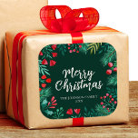 Adesivo Quadrado Watercolor Christmas Wreath with Holly<br><div class="desc">Esta coroa aquática da coroa de Natal com design de Holly e berry apresenta folhagem pintada manualmente em uma coroa ao redor da sua mensagem de Natal. Personalize todo o texto. Veja toda a coleção de Natal correspondente.</div>