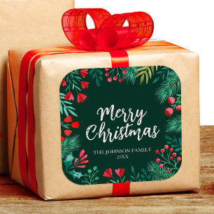 Adesivo Quadrado Watercolor Christmas Wreath with Holly