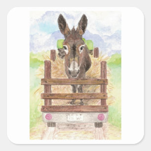 Adesivo Quadrado Watercolor Donkey Burro Cubo Fazenda Arte Animal