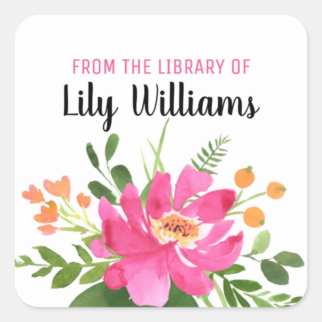 Adesivo Quadrado Watercolor Floral, Da Biblioteca De Bookplate (Frente)