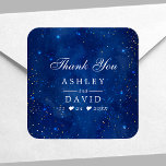 Adesivo Quadrado Watercolor Galaxy Cosmic Stars Casamento Obrigado<br><div class="desc">O Casamento Da Lua Celestial Estende À Meia-Noite,  Obrigado Pau Quadrado. Este design apresenta luzes estreladas no espaço contra um céu estrelado nebuloso de um universo azul celeste marinho. Personalize este design personalizado com seu próprio texto e detalhes do evento.</div>