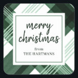 Adesivo Quadrado Watercolor Green Xadrez Merry Christmas Name<br><div class="desc">Estes adesivos de Natal de na moda apresentam um design de xadrez pintado a cores aquáticas em verde e branco. Todo o texto pode ser personalizado - eles fazem selos de envelope de excelente,  etiquetas favoritas de partido ou adesivos de etiqueta de presente!</div>