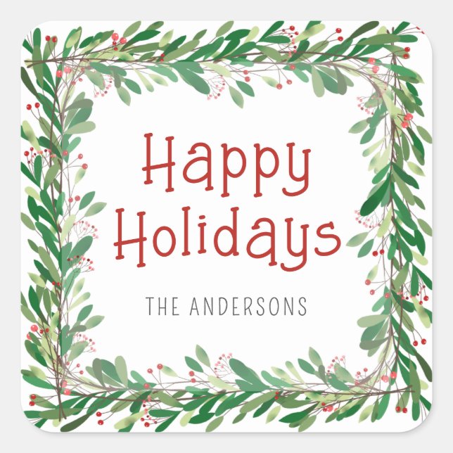 Adesivo Quadrado Watercolor Greenery Berries Happy Holidays Wreath (Frente)